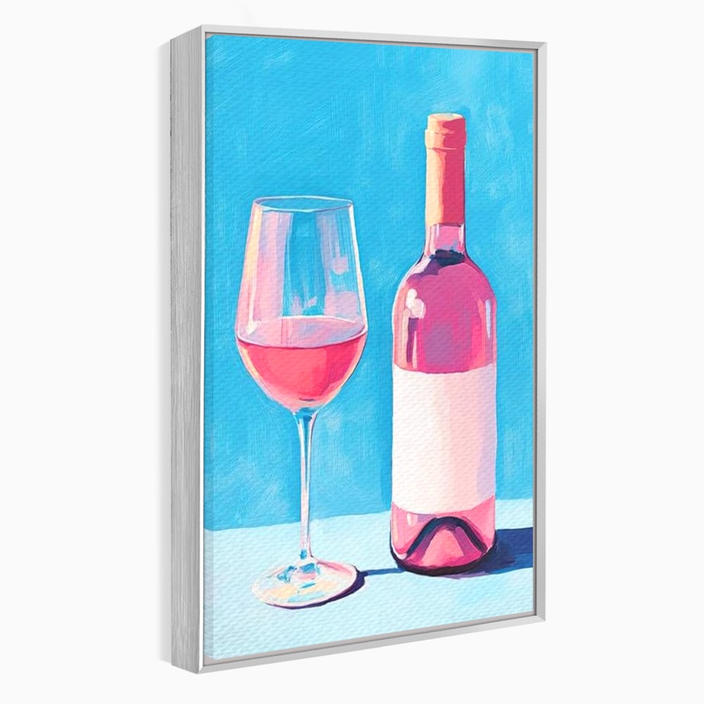 Tablou canvas cu pictura cu sticla de vin rose si pahar, in rama de aluminiu argintiu